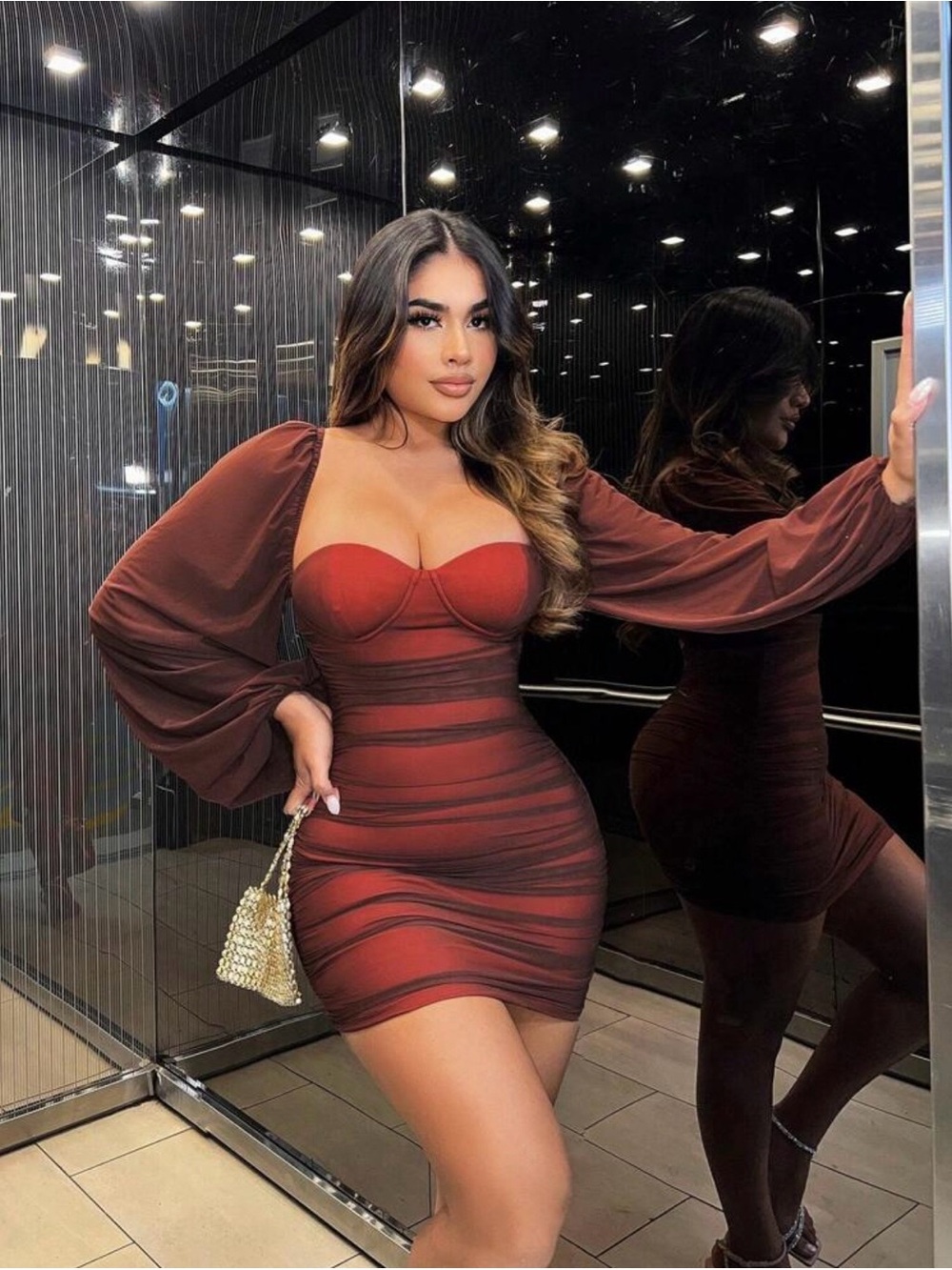 SHEIN Rust Red Mesh Bodycon Mini Dress with Bishop Sleeves